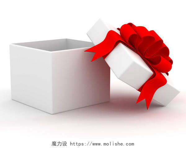 白底3d 图像打开的白色礼盒红色蝴蝶结装饰礼盒